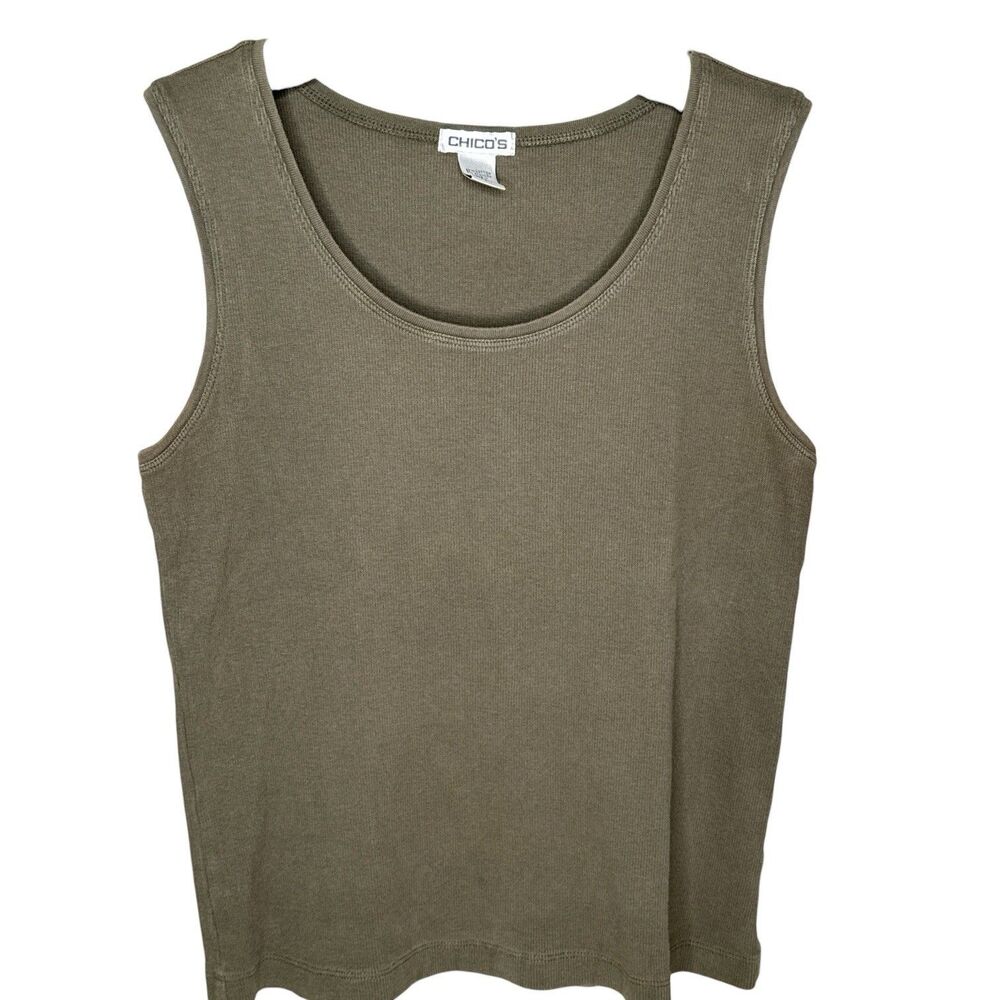 Chico's Womens Tank Top Size 2 Olive Green Cotton Stretch Rib Knit Sleeveless
